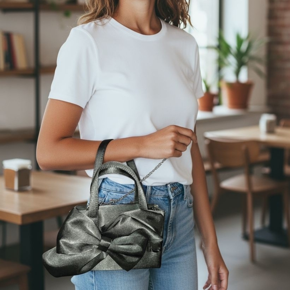 Sophisticated Black Bow Satin Satchel